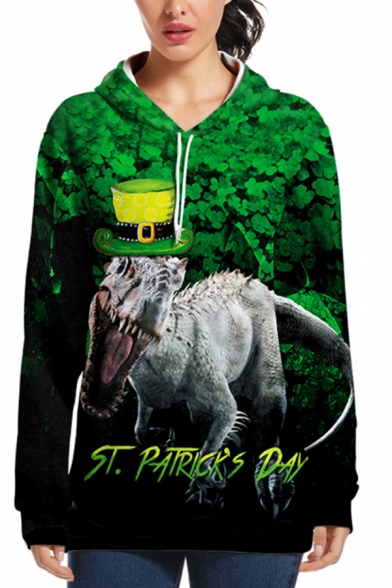 St. Patrick's Day Green Costume Dinosaur Clover 3D Print Long Sleeves Casual Hoodie