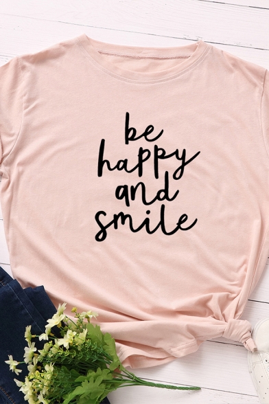 Street Basic Roll Up Sleeve Crew Neck Letter BE HAPPY AND SMILE Tied Relaxed Tee for Women