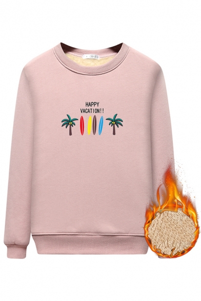 Student Girls' Classic Long Sleeve Crew Neck HAPPY VACATION Coconut Tree Pattern Sherpa Lined Relaxed Sweatshirt