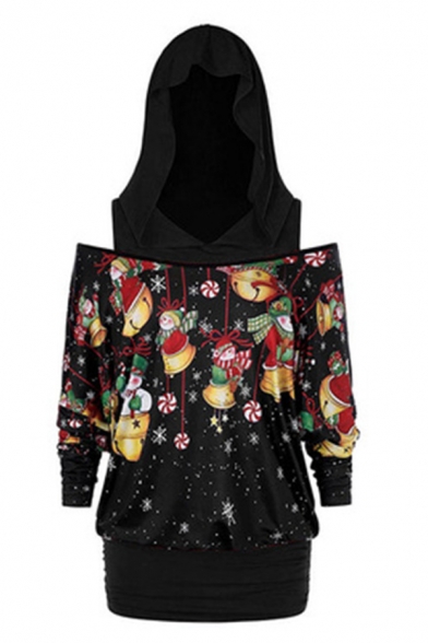 Stylish Christmas Jingle Bell Print Color Block Patch Cold Shoulder Long Sleeves Tunic Hoodie