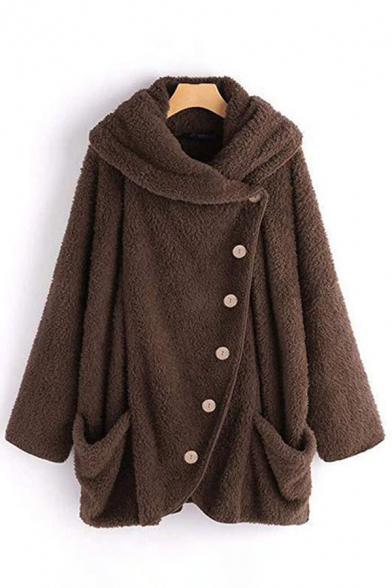 Thick Warm Long Sleeve Exaggerate Collar Button Front Pockets Side Sherpa Fleece Plain Baggy Coat for Girls