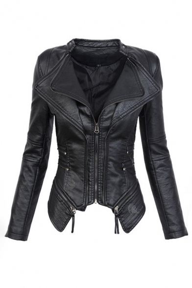 Unique Black Long Sleeve Exaggerate Collar Zip Decoration Asymmetric Slim Fit Leather Jacket for Girls