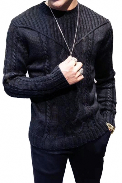 Unique Cable Knit Long Sleeve Round Neck Slim Casual Pullover Sweater for Men