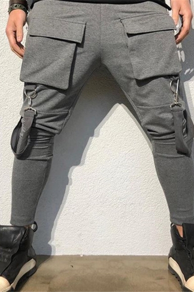 Unique Ribbon Decoration Flap Pocket Skinny Fit Hip Hop Cargo Pants Casual Trousers