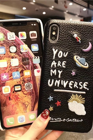 Vintage Style Embroidered Planet YOU ARE MY UNIVERSE Print PU Mobile Phone Cover