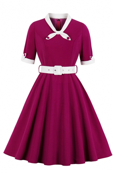 Vintage Unique Girls' Plain Short Sleeve Bow Tie Neck Button Decoration Buckle Belted Midi Pleated Flared Dress