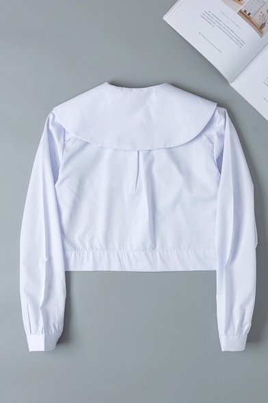 White Simple Long Sleeve Peter Pan Collar Button Down Floral Embroidered Pocket Patched Relaxed Crop Shirt for Girls
