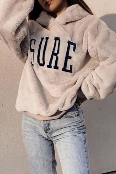 Winter Chic SURE Letter Embroidery Long Sleeve Loose Fit Soft Fluffy Hoodie in Beige