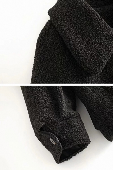 Women's Vintage Warm Blouson Sleeve Lapel Collar Button Down Flap Pockets Sherpa Baggy Coat in Black