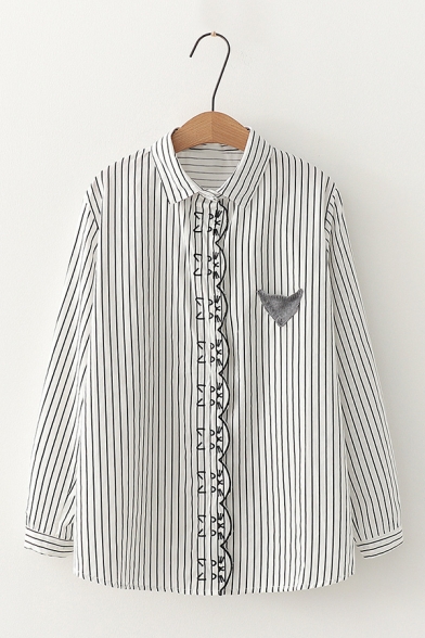 Womens Cute Embroidered Fox Printed Contrast Patchwork Long Sleeve Loose Striped Shirt