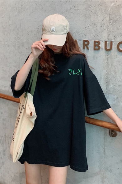 Womens Funny Letter Printed Short Sleeve Round Neck Oversized Graphic T-Shirt
