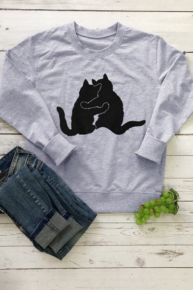 Womens Lovely Black Cat Hug Pattern Long Sleeve Round Neck Loose Pullover Sweatshirt