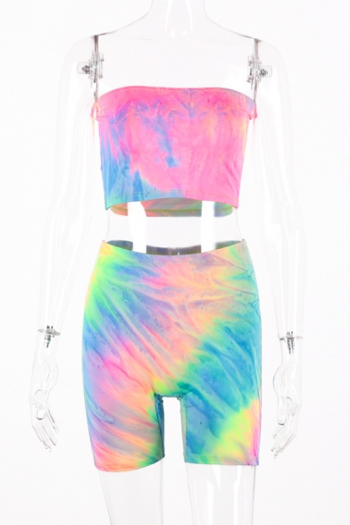 Womens Sexy Tie Dye Pattern Bandeau Tube Top & Skinny Shorts Two Piece Co-ords