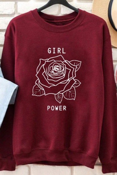 Womens Stylish Rose Letter GIRL POWER Printed Long Sleeve Round Neck Pullover Sweatshirt