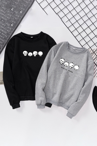 Basic Cute Long Sleeve Crew Neck Panda Print Relaxed Pullover Sweatshirt for Women