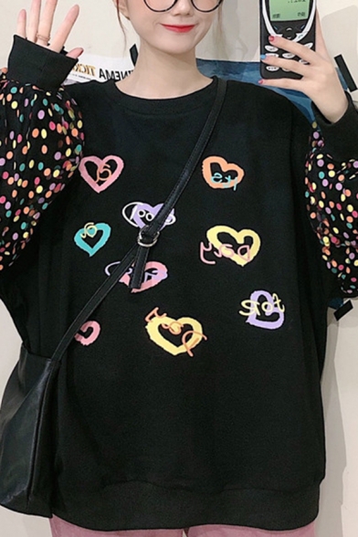 Black Stylish Blouson Sleeve Crew Neck Polka Dot Heart Print Relaxed Fit Pullover Sweatshirt for Girls