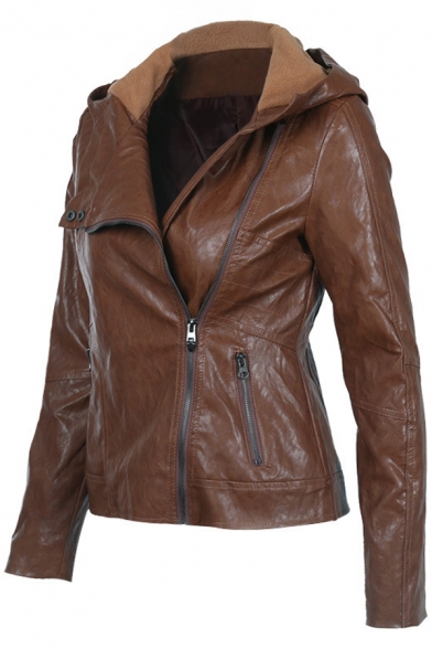 Brown Street Long Sleeve Hooded Zipper Front Pockets Side Slim Fit Leather Jacket for Girls