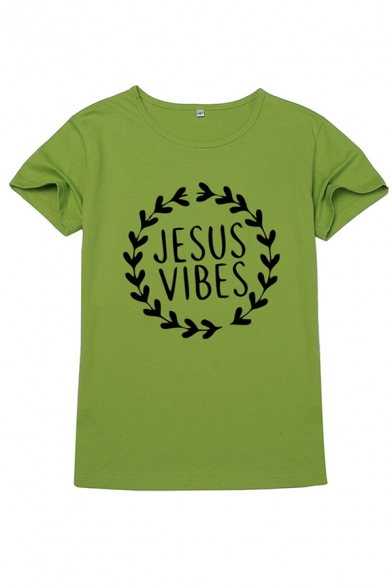 Casual Letter JESUS VIBES Printed Short Sleeve Round Neck Basic T-Shirt for Women