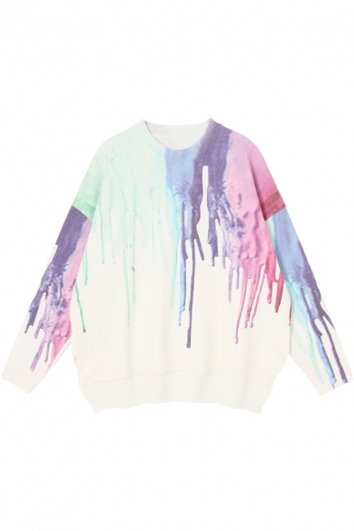 Classic Colorful Dripping Paint Long Sleeve Round Neck Oversized Pullover Sweater