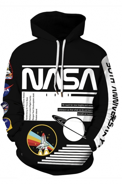 Classic Letter NASA Spaceship 3D Print Long Sleeve Unisex Black Pullover Hoodie