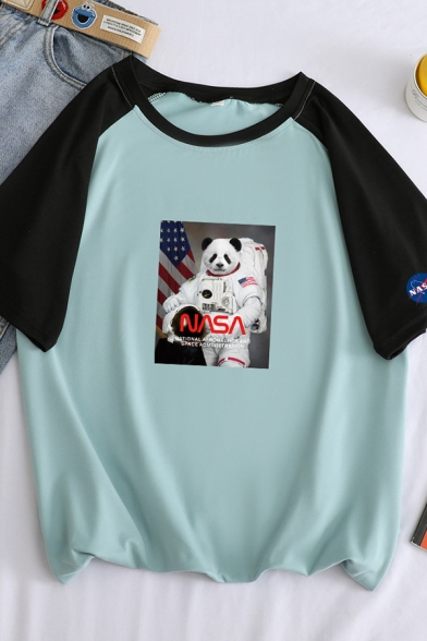 Classic NASA Letter Panda Astronaut Pattern Colorblocked Short Sleeve Loose Tee