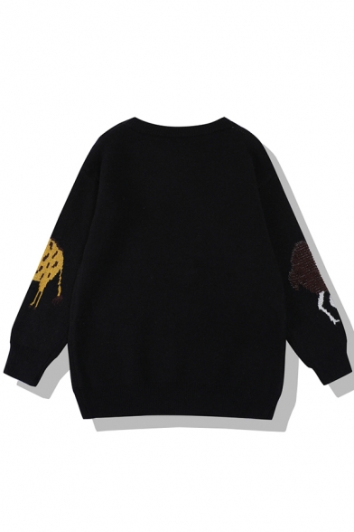 Cool Girls' Long Sleeve Crew Neck Animal Patterned Purl Knit Boxy Pullover Sweater in Black