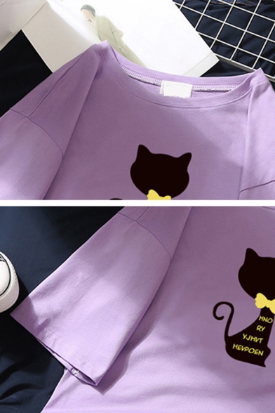 Cute Popular Girls' Short Sleeve Crew Neck Kitty Graphic Loose T Shirt