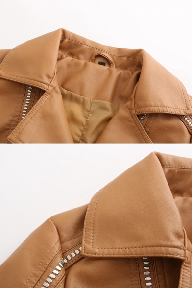 Fashion Plain Long Sleeve Peak Collar Zipper Rivet Decoration Leather Slim Fit Jacket for Girls