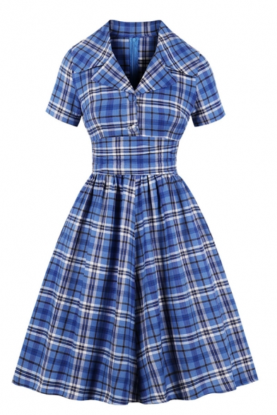 

Formal Blue Short Sleeve Notch Collar Button Front Plaid Patterned Mid Length Pleated Flared Dress for Women, LM581169