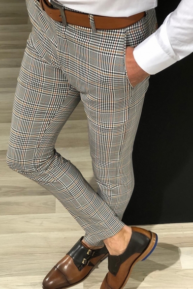 Formal Men's Business Popular Checked Pattern Skinny Fit Suit Pants with Pocket
