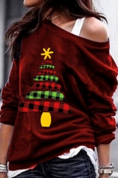 Girls' Cool Christmas Long Sleeve Drop Shoulder Christmas Tree Printed Relaxed Pullover Sweatshirt