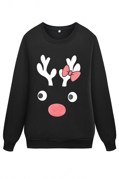 

Girls' Cool Daily Long Sleeve Crew Neck Reindeer Printed Baggy Pullover Sweatshirt in Black, LM575657