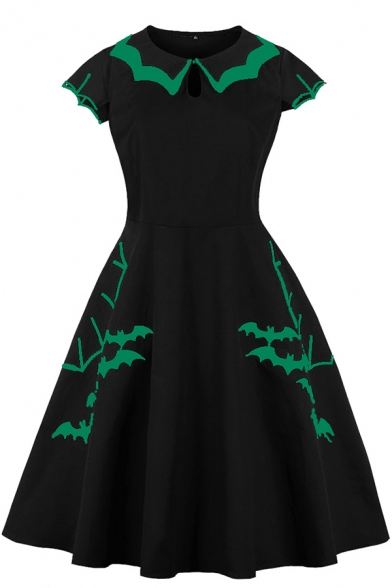 

Halloween Chic Short Sleeve Peter Pan Collar Zip Side Bat Printed Contrasted Midi Pleated Flared Dress for Girls, Green;white, LM581183