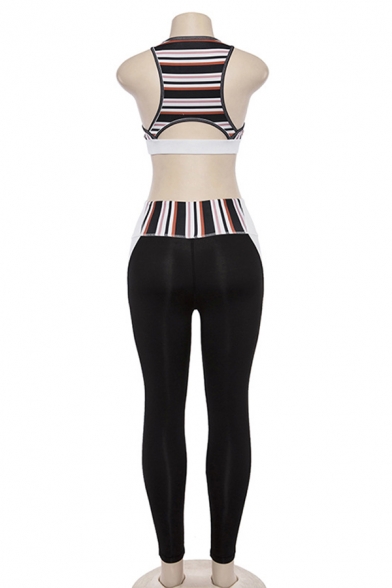 Hot Fashion Stripe Patchwork Cutout Back Tank Top Skinny Sweatpants Two Piece Sports Suit