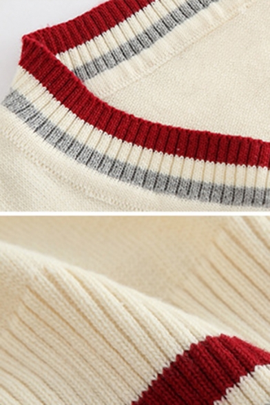 Hot Popular Contrast Stripe V-Neck Sleeveless Apricot Casual Knit Sweater Vest