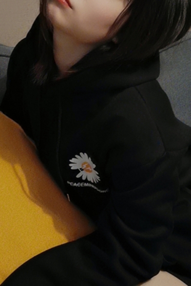 Kpop Girls' Street Long Sleeve Drawstring Daisy Flower Patterned Kangaroo Pocket Oversize Boyfriend Hoodie in Black