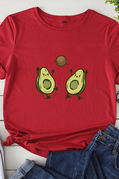 Lovely Avocado Pattern Round Neck Rolled Short Sleeves Fitted Summer T-Shirt