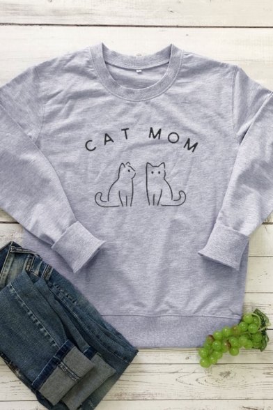 Lovely CAT MOM Printed Long Sleeve Crew Neck Graphic Pullover Sweatshirt
