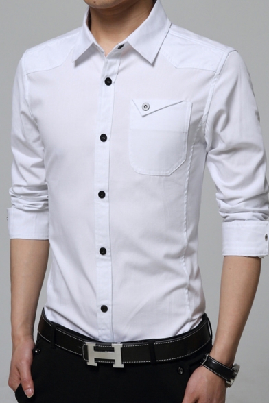 Men's Popular Solid Color Long Sleeves Button Down Slim Fit Office 