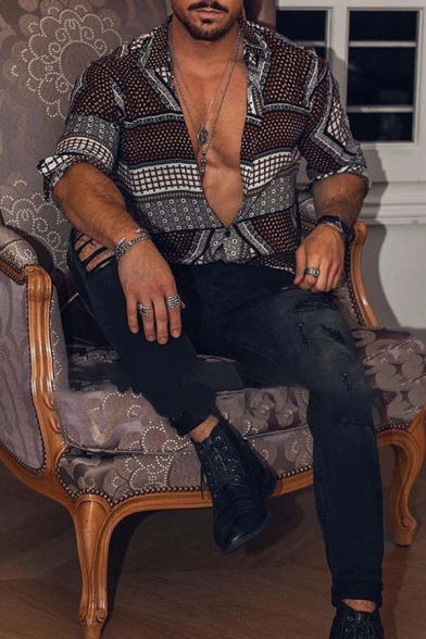 Men's Vintage Tribal-Geo Pattern Long Sleeve Single Breasted Hawaiian Shirt