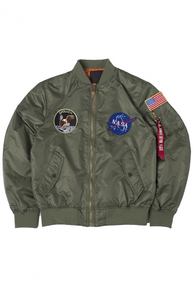 Mens Popular Letter A NASA Embroidery Applique Long Sleeve Zip Up MA-01 Bomber Jacket