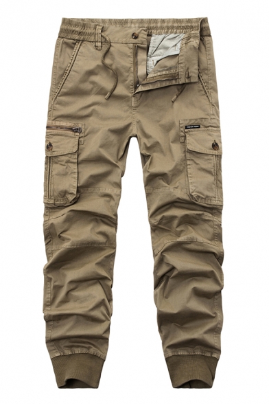 Mens Simple Drawstring Elastic Waist Solid Color Side Flap Pocket Casual Pants Cargo Pants
