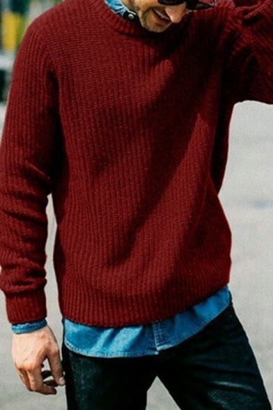 Mens Streetwear Plain Long Sleeve Round Neck Chunky Knitted Pullover Sweater
