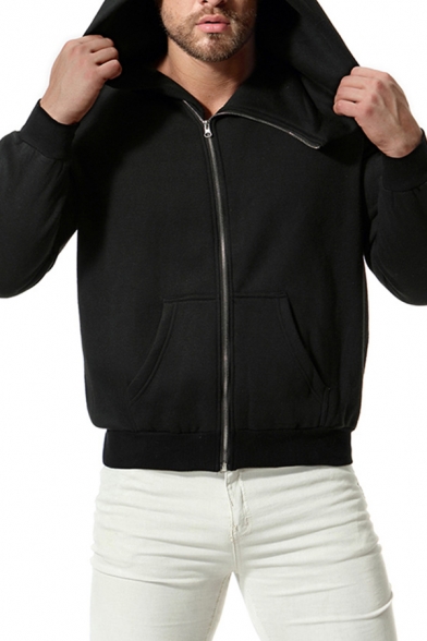 Mens Unique Long Sleeve Zip Placket Slim Fitted Solid Color Leisure Hoodie with Pocket