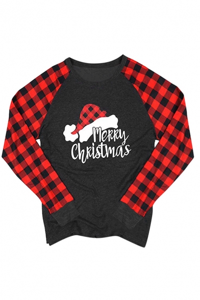 Popular Girls' Long Sleeve Crew Neck Letter MERRY CHRISTMAS Hat Graphic Plaid Pattern Patched Relaxed T-Shirt