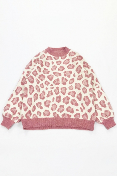 Preppy Chic Leopard Printed Long Sleeve Crew Neck Knitted Pullover Sweater in Loose Fit