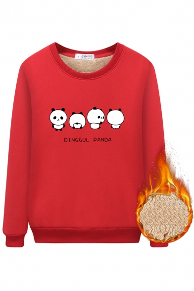 Preppy Girls' Long Sleeve Crew Neck Panda Printed Sherpa Liner Loose Pullover Sweatshirt