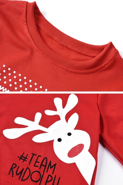 Red Trendy Long Sleeve Crew Neck TEAM RUDOLPH Reindeer Pattern Loose Fit Christmas Sweatshirt for Women
