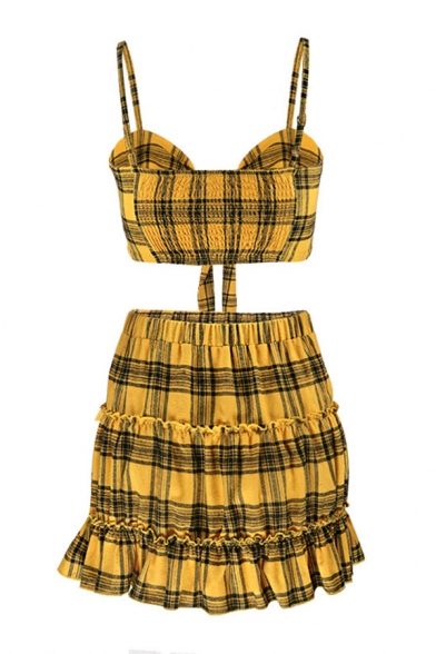 Sexy Womens Yellow Plaid Print Knotted Front Cami Top with A-Line Mini Skirt Co-ords