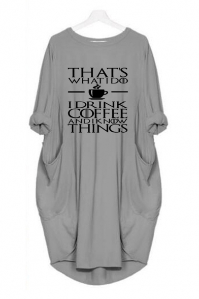 Simple Letter THAT'S WHAT I DO Coffee Printed Round Neck Loose Longline T-Shirt Midi Dress